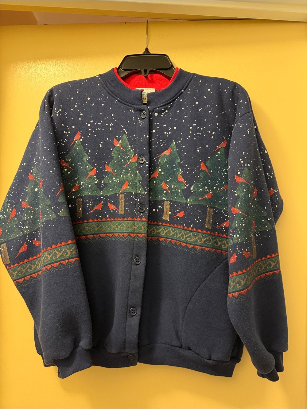 Vintage Artisans Women’s Navy Holiday Cardigan with Cardinal & Tree Pattern
